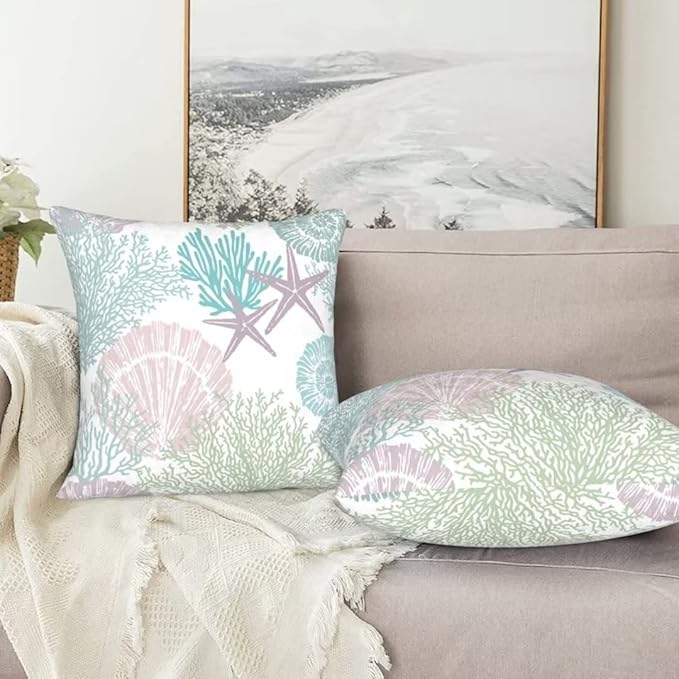 BETGINY Nautical Coastal Throw Pillow Cover 18X18 Inch Pack of 2,Summer Ocean Themed Pillow Covers Square Cotton Aqua Seashell Starfish Beach Pillow Cases Cushion for Bedroom Home Sofa Decoration