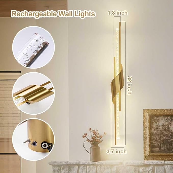 camuucci Battery Operated Gold Wall Sconces Set of Two,Modern Wireless Wall Lights,LED Rechargeable 12000mAh Not Hardwired Remote Control Dimmable Wall Lamp Fixtures for Bedroom 32 Inch