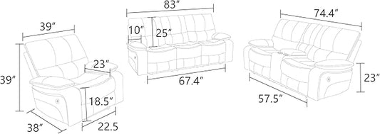 Power Recliner Sofa for Living Room, Air Leather Reclining Sofa 3 Seat with Flip-Down Middle Backrest, LED Lighting, USB Charging Port (Off White)
