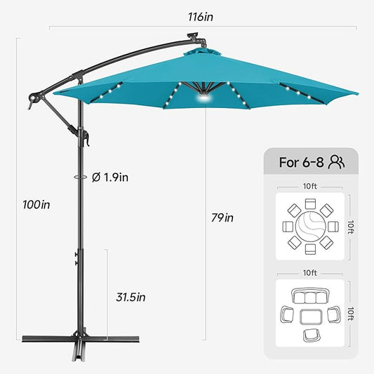 FLAME&SHADE 10ft Solar Cantilever Umbrella with 40 LED Lights, Lighted Large Offset Outdoor Patio Umbrellas, 8 Sturdy Ribs, UPF50+ UV Protection for Pool Deck Garden Yard, Aqua Blue