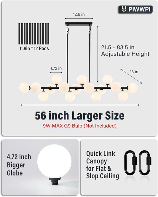 Modern Chandeliers for Dining Room Kitchen Island, 55" Long Large Linear Sputnik Globe Chandelier, 16-Light Mid Century Modern Light Fixture Over Table, Black and Milk White Bubble, GC-08