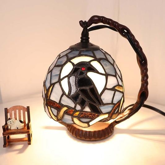 Bieye L12011 Raven Sitting on Bare Tree Branch in Full Moon Night Tiffany Style Stained Glass Table Lamp for Home Decor (Dark Blue, 7Wx5.5Dx8H)