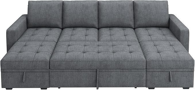 HONBAY Modular Sectional Sleeper Sofa with Pull Out Bed,U Shaped Couch with Storage Seat,Sectional Couches for Living Room,Bluish Grey