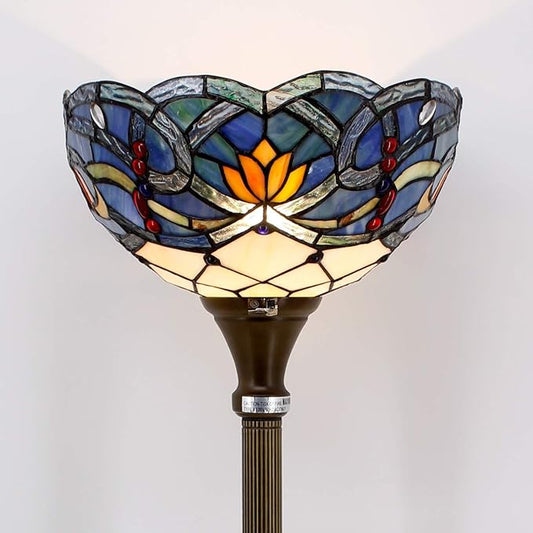 WERFACTORY Tiffany Floor Lamp Blue Lotus Flower Stained Glass Light 12X12X71 Inches Pole Torchiere Standing Corner Torch Uplight Decor Bedroom Living Room Home Office S220 Series