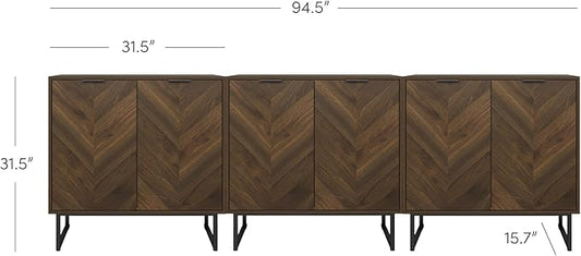 Nathan James Enloe Modern Sideboard Buffet Storage Accent Cabinet TV Stand with Doors in Rustic Walnut Finish and Black Matte Metal Base for Hallway, Kitchen or Living Room, Walnut/Black, Set of 3