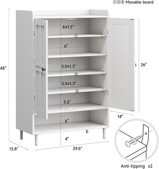 White 7+1 Tier Farmhouse Shoe Storage Cabinet - 45" Tall Entryway Organizer with Cross Molding Doors, 3 Adjustable Shelves & Metal Legs, Shoe Rack for Front Door Entrance