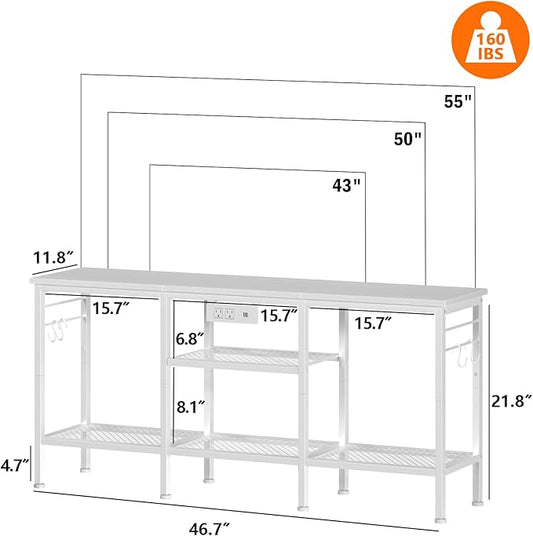 Furologee TV Stand with Power Outlets, Entertainment Center with Open Storage Shelves for TVs up to 55 Inch, TV Media Console Table with Soundbar Shelf for Living Room, Bedroom, White