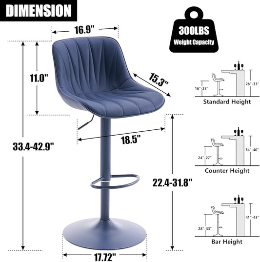 Kidol & Shellder Bar Stools Set of 2 Blue Adjustable Swivel Counter Height Barstools Upholstered Modern PU Leather Bar Chairs Stools for Kitchen Island