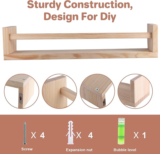 Wooden Floating Bookshelf, Wall Shelving, 2 PCS (Pine), Suitable for Children's Bedroom Bookshelf, Kitchen Spice Rack, Bathroom Decorative Wall Shelving.