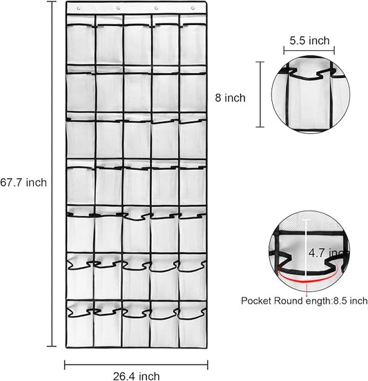 1 Pack 35 Breathable Mesh Pockets Large Hanging Shoe Organizer Over The Door Shoe Rack for Closet Door Storage Shoe Holder Hanger, 4Hooks, White (67.7'' x 26.4'')