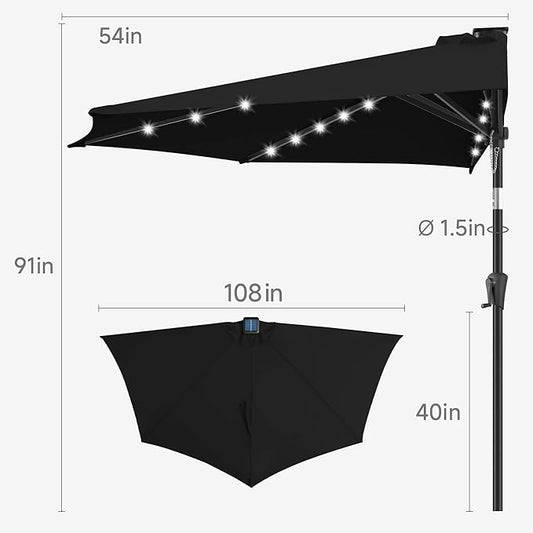 9FT Solar Half Umbrellas Outdoor - LED Half Patio Umbrella with 25 Lights, UV Protection Waterprool, Half Round Umbrella for Wall Balcony, Pool, Porch, Garden, Deck, Backyard, Black
