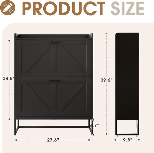 Shoe Cabinet, Shoe Storage Cabinet with 2 Flip Drawers & Adjustable Shelf, Space-Saving Shoe Organizer – Holds 16+ Pairs, Narrow Shoe Cabinet Storage for Entryway/Hallway(Black)