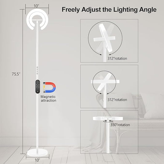 Torchiere Floor Lamp for Bedroom, 75.5 Inch Tall Corner Standing Lamp for Living Room with Rotatable Ring Lights, 36W Bright Dimmable LED Floor Light with Remote Control for Reading Office