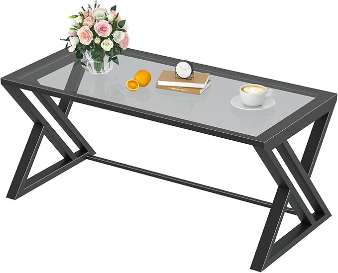 Coffee Table Grey Glass Coffee Table for Living Room,Modern Rectangular Center Table with Sturdy Metal Frame,Tempered Glass Table Tea Tables for Bedroom Home Office