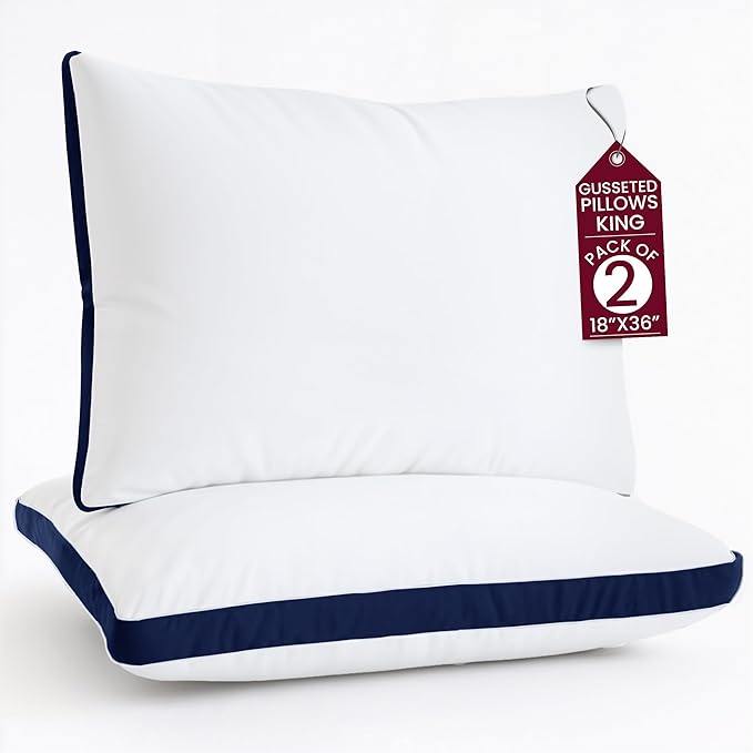 LUX Décor Gusseted Style Soft Hotel Pillows Set of 2 – for Side, Stomach & Back Sleepers - Down Alternative Hotel Bed Pillows – 100% Microfiber Cover, Virgin PSF Fill – Navy, King 36x18