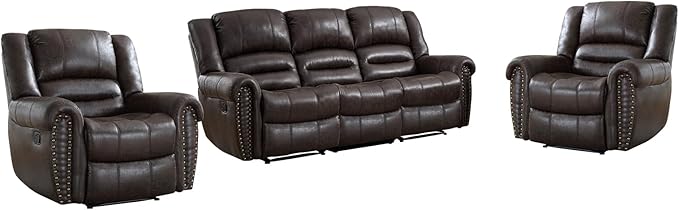 EBELLO Manual Recliner Sofa Set, Faux Leather Reclining Living Room Set, Included Two Single Recliner Chairs and One 3-seat Manual Sofa, Vintage Rivet Mid-Century Design for Living Room, Dark Brown