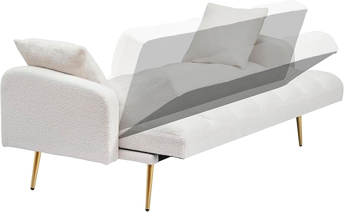 Eafurn Padded Convertible Futon Sofa Bed, Teddy Fleece Fabric Futons Loveseat Couch with Adjustable Backrest, Folding Sleeper Recliner Sofabed for Living Room Furniture | Golden Legs, Wood Frame