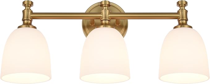 Gold Bathroom Vanity Light, 3-Light Bathroom Light Fixtures Over Mirror, Traditional Vanity Lights for Living Room, Milk White Bell Glass Shades, Standard E26 Base, Aged Brass