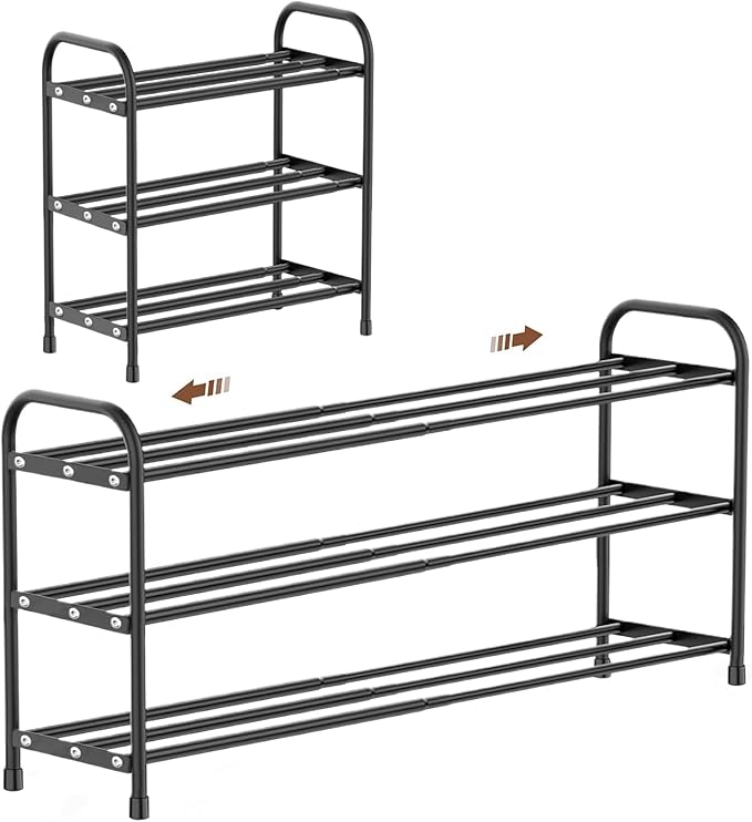Expandable Shoe Rack, 3 Tier Adjustable Shoe Organizer Shelf for Closet,Slim Narrow Black Metal Free Standing Shoe Rack Storage for Small Space, Entryway, Hallway