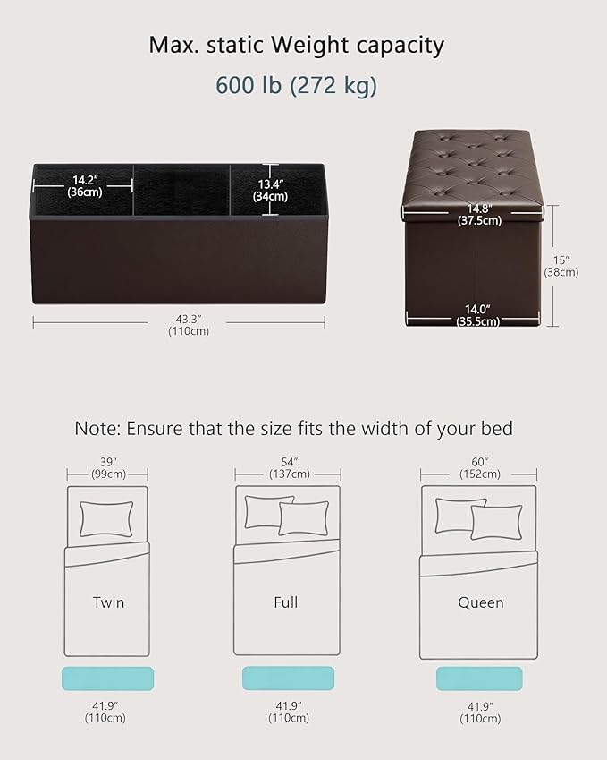 GLAXYFUR Storage Ottoman Bench, 43 Inches Folding Ottoman with 2 Dividers, PU Leather Foot Rest, End of Bed Bench, Storage Chest for Living Room, Bedroom and Entryway, Brown