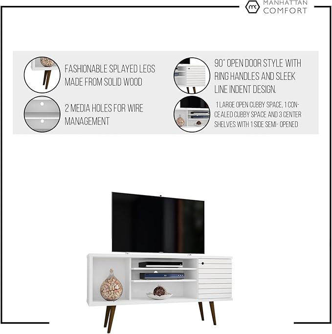 Manhattan Comfort Liberty Mid Century Modern TV Stand for Televisions up to 50 Inches, Bedroom and Living Room Entertainment Center with Storage, Shelves, and Cabinet, 53" Wide, White/Rustic
