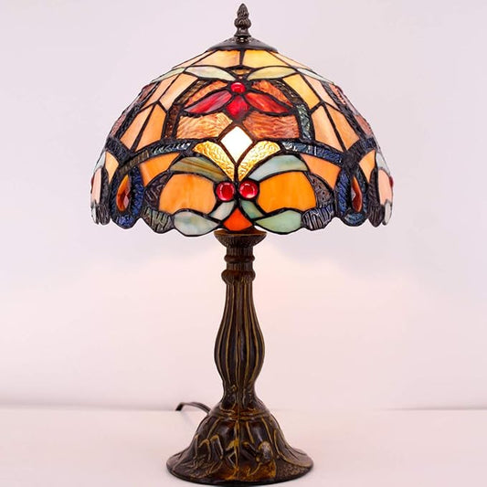 WERFACTORY Tiffany Table Lamp Orange Stained Glass Flower Liaison Style Reading Desk Bedside Light 12X12X18 Inches Decor Bedroom Living Room Home Office S617 Series