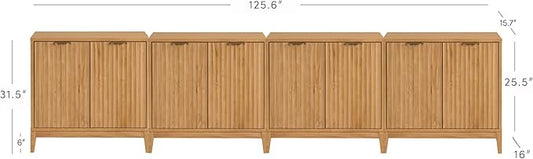 Nathan James Jasper Wood Modern Sideboard Accent Storage Cabinet TV Stand with Fluted Doors, for Kitchen or Living Room, Warm Pine, Set of 4
