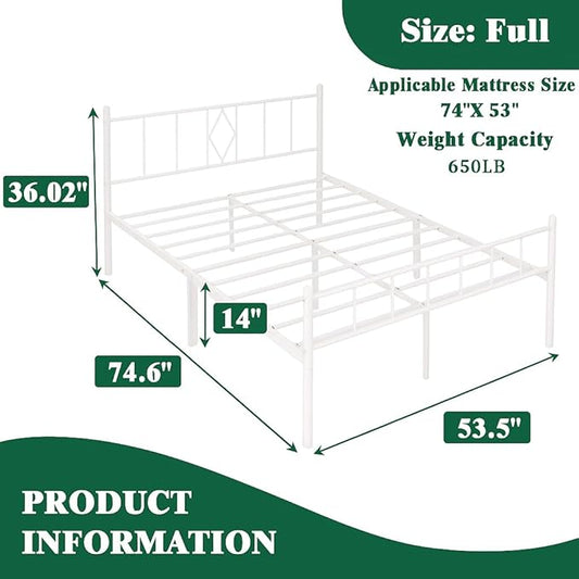 14 Inch Full Size Bed Frames with Headboard/Footboard, Under Bed Storage, Strong Metal Slats Support, No Box Spring Needed, Noise Free, Easy Assembly, White