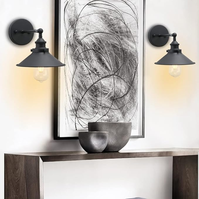 Phansthy Industrial Wall Sconce Vintage Style 1-Light Sconce 8.1 Inches / 20.5 cm Diameter Metal Light Shade (Black-2 Pack)