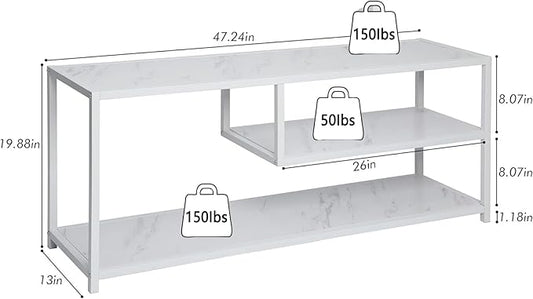 Function Home TV Stand for TVs up to 55 Inch, 3 Tier Entertainment Center, Media Console with Open Storage Shelves for Living Room Bedroom, 47” Modern TV Table with Wood Top White Metal Legs