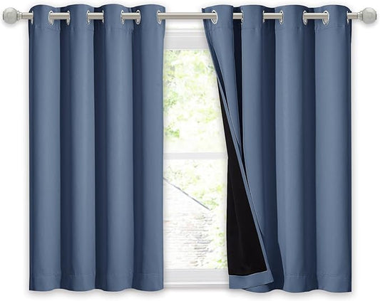 NICETOWN Small 100% Blackout Curtain with Black Liner, Thermal Insulated 2-Layer Lined Drape, Energy Efficiency Small Window Drapery for Dining Room (Stone Blue, 1 Panel, 52-inch W by 45-inch L)