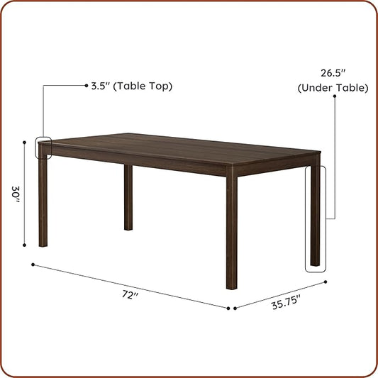 Grain & Grove Davie 72 Inch Rectangular Walnut Wood Dining Table for Kitchen/Dining Room, Home Office, Living Room Furniture