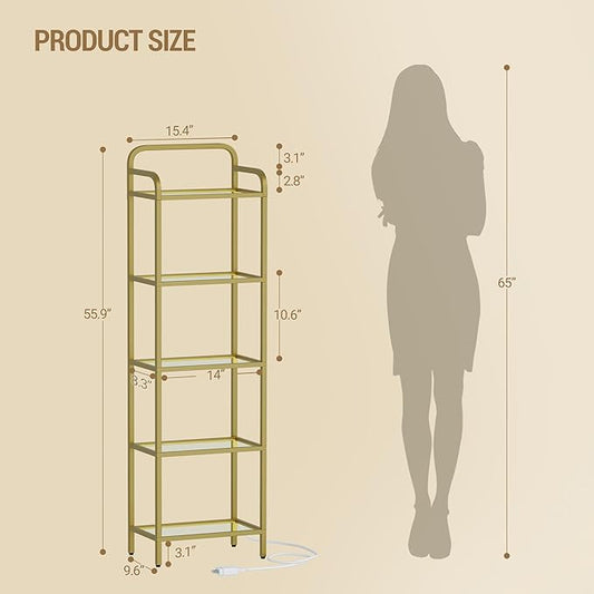 Bookshelf, Tall Narrow Bookcase with LED Lights, Tempered Glass Bookshelves with Steel Frame, Display Shelf, Slim Shelving Unit for Living Room, Bedroom, 9.6"D x 15.4"W x 55.9"H Gold BC34599G