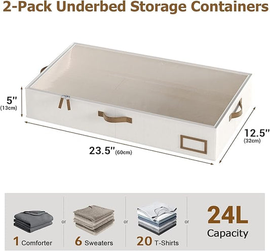 Under Bed Storage, Under Bed Storage Containers Bins for Clothes, Large Linen Underbed Closet Organization Bins, 2 Pack Collapsible Underbed Bin Dorm for Clothes, Sweater, Beige