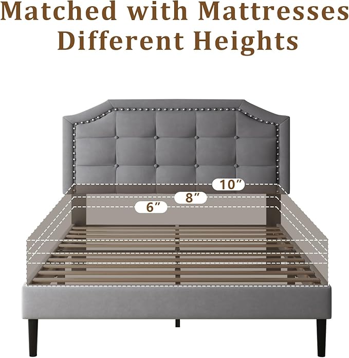 Full Size Bed Frame, Full Size Platform Bed Frame with Upholstered Button Tufted Headboard, Strong Wood Slats, No Box Spring Needed, Mattress Foundation, Easy Assembly Grey