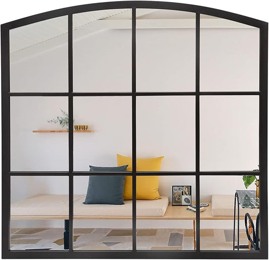 36 Inch Arched Window Mirror, Matte Black Metal Frame Decorative Mirror, Grid Wall Mirrors for Living Room, Bedroom, Entryway