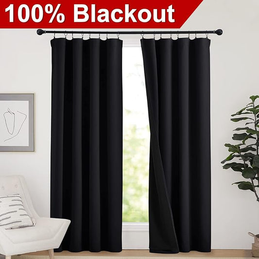 NICETOWN Cold Reducing Thermal Curtains, Full Blackout Curtains 84 Inches Long for Dining Room, Soundproof Window Treatment Drapes for Hall Room, Black, 52 inches Wide Per Panel, Set of 2 Panels