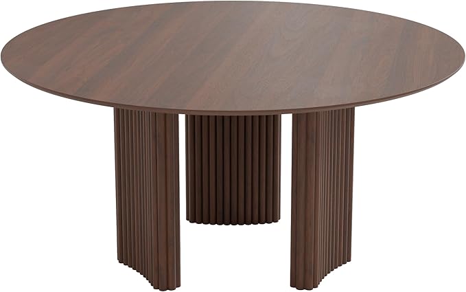 Casaphoria 60" Round Dining Table for 4-6, Farmhouse Style Table with Stripes Base, Easy Assembly for Living Room, Kitchen, Bar, Walnut