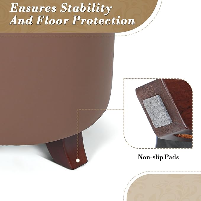 Athena Collection 15 Inch Small Ottoman with Storage, Round PU Leather Storage Ottoman Foot Rest with Removable Lid, Multipurpose Footstool Footrest for Living Room, Bedroom, Dorm, Brown