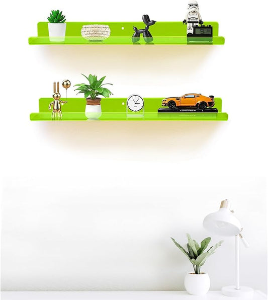 ROYALITA 24 Inches Acrylic Floating Book Shelves Wall Mounted Set of 2, Wall Hanging Plant Display Shelves, Room Decor Floating Wall Shelves for Gaming Room, Bedroom, Living Room, Office, Gree