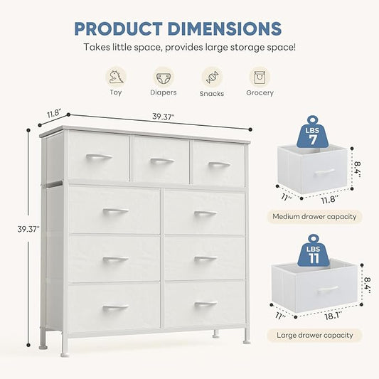 DUMOS Dresser for Bedroom, Storage Organizer with 9 Drawers, Chest of Drawers with Fabric Bins, Sturdy Metal Frame, Wood Tabletop for Guest Room, Closet, Entryway, White