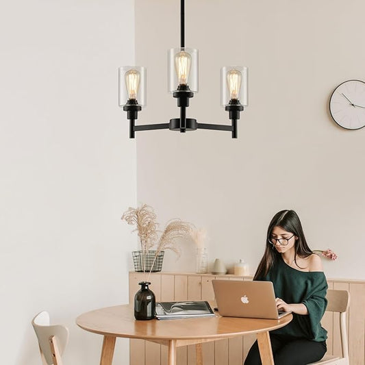 3 Lights Black Chandeliers for Dining Room Light Fixture Over Table, Entryway Chandelier for Foyer, Hallway Lighting Fixtures with Glass Shade for Dining Room Kitchen Island Foyer Hallway