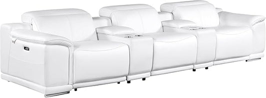 BlackJack Furniture Venice Top Grain Italian Leather Power Recline 8 Piece 5 Seater Sofa - 134" Theater Seating Modern Couch for Living Room Apartment with Adjustable Headrests & USB Port, White