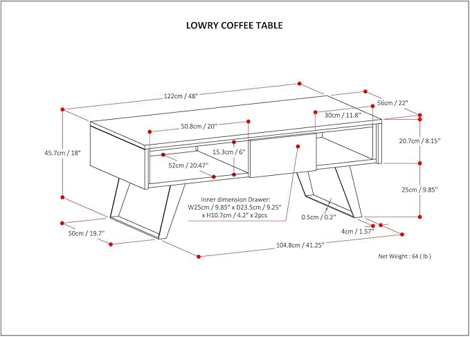 SIMPLIHOME Lowry Coffee Table - 48 inch Wide Solid Acacia Wood and Metal Living Room Table in Distressed Charcoal Brown, Modern Industrial Cocktail Table for Family Room with Drawers and Open Storage