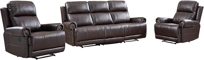 EBELLO Faux Leather Electric Reclining Sofa Set, Power Recliner Six Seats Sofa Set, 2 Chairs and 3-Seat Sofa with Charging Ports, Vintage Rivet Design for Living Room, Meeting Room, Brown