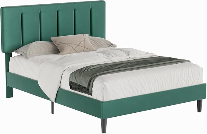 VECELO Full Size Bed Frame with Upholstered Headboard, Heavy-Duty Bedframe with Wooden Slats & Steel Framework, Easy Assembly, Dark Green