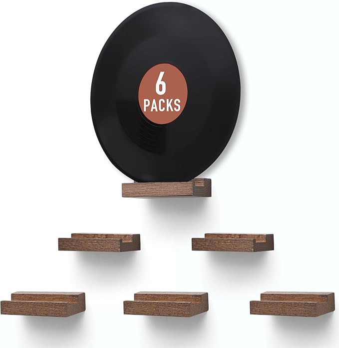 Wood Vinyl Record Shelf Wall Mount, Small Wall Record Holder Display Shelf, Vinyl Record Shelves Record Album Display Holder for LP, CD, Book Art Storage Vintage Home Decor (6, Light Walnut)