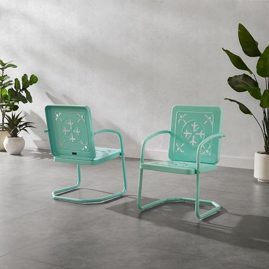 Crosley Furniture Azalea 2-Piece Outdoor Chair Set, Vintage Retro Metal Patio Chairs for Dining, Porch, Deck, Aqua Gloss