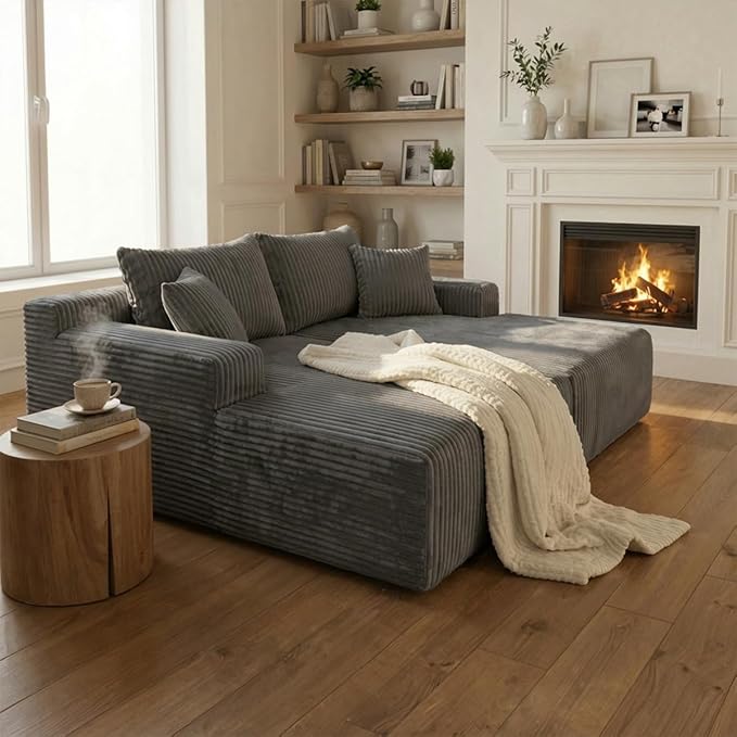 SYTOPIA Loveseat Chaise Lounge with Armrests, Oversized Sofa Bed with 4 Pillows, Cozy Boneless Sleeper, Modular Sectional Couch for Living Room Bedroom, Floor Chair Furniture sala Corduroy, Urban Grey