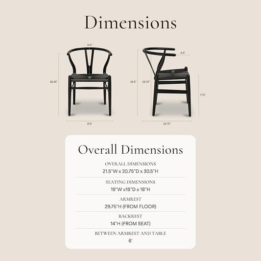 Poly & Bark Weave Dining Chairs – Mid-Century Modern Wishbone Dining Chairs with Arms, Solid Wood Frame, Indoor Use – Pitch Black – Set of 2 - Ideal for Dining Room, Kitchen or Stylish Accent Setting